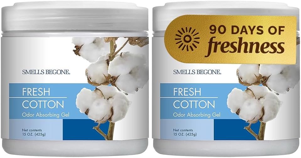 61N8dE-YF5L._AC_SL1000_.jpg SMELLS BEGONE 15oz Gel Odor Eliminator - Absorb & Remove Tough Odors in Pet Areas, Bathrooms, Basements, Garage, Cars, RVs & Boats - Eliminate Odors Quickly (2-Pack, Fresh Cotton) - Image 1