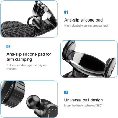 Car Dashboard Phone Holder, 360° Rotation Clip-on Vehicle Dash Cellphone Stand with Parking Number Plate, Auto Sun Visor & Rear View Mirror Mobile Phone Mount, Fits Most Smartphones - Image 3