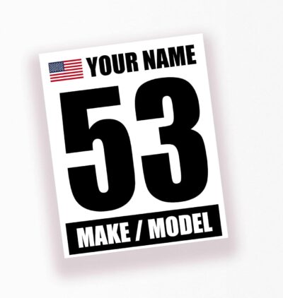 MC MOTOPARTS Magnetic Racing Number - Custom Track Day & Autocross Magnetic Vinyl Decal - Name, Make, Model, Flag - 2 Pieces | Black Words on White Background | 12" x 15" Inch - Image 2
