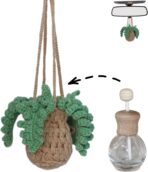 Handmade Crochet Hanging Car Air Freshener - Botanical Fern Leaf Design with 12ml Refillable Glass Essential Oil Bottle, Long-Lasting Car Diffuser & Nature-Inspired Decor