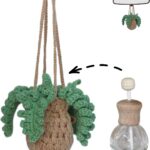 Handmade Crochet Hanging Car Air Freshener - Botanical Fern Leaf Design with 12ml Refillable Glass Essential Oil Bottle, Long-Lasting Car Diffuser & Nature-Inspired Decor
