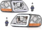 G-PLUS Lightning Style Headlights LED DRL Light Strip Compatible with Ford Expedition 1997-2002/Fit Ford F150 1998-2004/Fit F250 1997-1999 Clear Lens Chrome Housing Amber Reflector