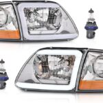 G-PLUS Lightning Style Headlights LED DRL Light Strip Compatible with Ford Expedition 1997-2002/Fit Ford F150 1998-2004/Fit F250 1997-1999 Clear Lens Chrome Housing Amber Reflector