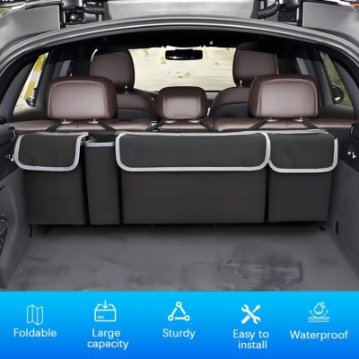 Car Trunk Organizer with Lid, Large Waterproof Vehicle Backseat Hanging Storage Bag with 4 Pockets & Adjustable Straps, Collapsible Automotive Interior Cargo Bag, Universal Fit (Black) - Image 3