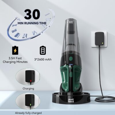 Minthouz Handheld Vacuum Cordless, Strong Suction Car Vacuum Cleaner with LED Light, Long Runtime Hand Vacuum Cordless Rechargeable, Hand Held Vac with Charging Base for Home/Car/Pet/Office - Image 3