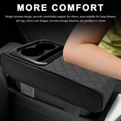 Car Center Console Armrest Pillow, 14"×8.3" Waterproof Leather Armrest Box Cover with Cup and Phone Holder, Soft Memory Foam Arm Rest Console Pad Protector for SUV Truck (Black, Embroidery) - Image 4