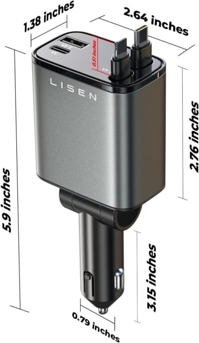 LISEN Retractable Car Charger 4 in 1 for Cars, 69W Retractable USB C Car Charger with 31.5in Cable, Fast Charging for iPhone 17 16 15 14 13 12 Pro Max Plus, Compact Cars Accessories for Daily Driving - Image 7