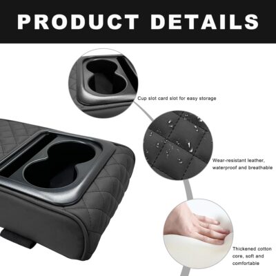 Car Center Console Armrest Pillow, 14"×8.3" Waterproof Leather Armrest Box Cover with Cup and Phone Holder, Soft Memory Foam Arm Rest Console Pad Protector for SUV Truck (Black, Embroidery) - Image 3