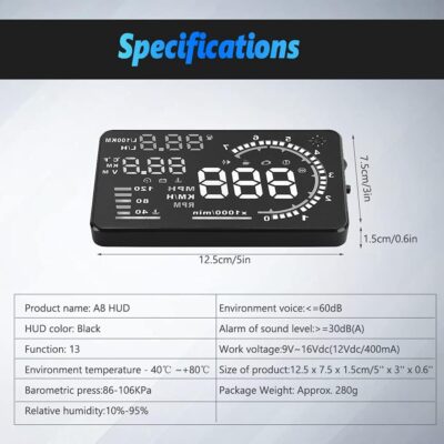 5.5'' HUD Head Display, Windshield Screen Projector Vehicle Speed, Hud Overspeed Alarm, Km/h MPH, OBDII/EUOBD Interface Plug Car Hud Screen - Image 3