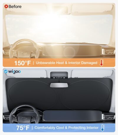 Wigoo 2025 Upgrade Car Windshield Sun Shade [100% Light Block, 4th-Gen Cooling Tech] Foldable Heat Insulation Interior Sun Visor with Storage Bag for Sedans/SUVs/Hatchbacks (M (64"x32") - Image 2