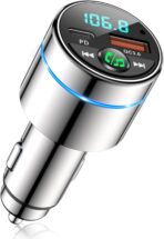 FM Transmitter for Car Bluetooth 5.3, [All-Metal] PD 30W & QC3.0 18W Fast Car Charger, Wireless FM Radio Kit Bluetooth Car Adapter, Noise Cancelling Hands-Free Call, Blue Light - Silver