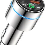 FM Transmitter for Car Bluetooth 5.3, [All-Metal] PD 30W & QC3.0 18W Fast Car Charger, Wireless FM Radio Kit Bluetooth Car Adapter, Noise Cancelling Hands-Free Call, Blue Light - Silver