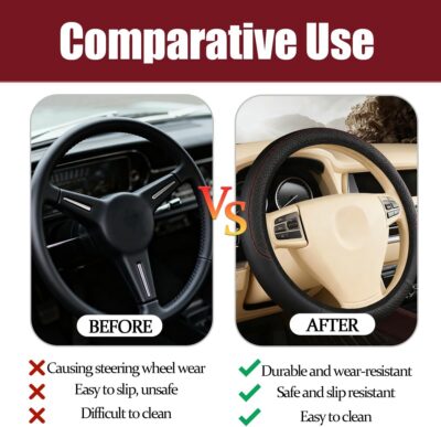 Car Steering Wheel Cover, 15 Inch Elastic Stretch Leather Vehicle Steer Wheel Cover Protector, Anti-Slip Breathable Automotive Interior Protection Accessories, Universal Fit (Black) - Image 6
