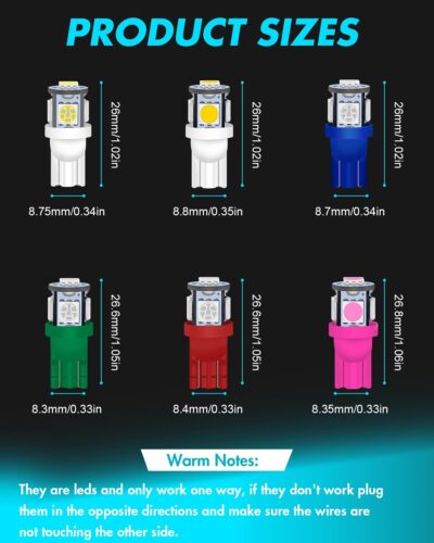 Alopee 30 Pack Multi Color (6 Colors Mixing) 194 LED Bulb T10 Wedge LED Bulb 5SMD-5050 168 2825 W5W 158 501 DC 12V Replacement for Car Interior Dome Map Door Trunk Courtesy Light - Image 2
