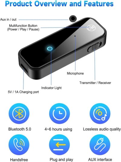 Bluetooth 5.4 Adapter 3.5mm Jack Aux Dongle, 2-in-1 Wireless Transmitter Receiver for Car,TV Audio,Headphones,Speakers,Projector. - Image 6