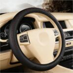 Car Steering Wheel Cover, 15 Inch Elastic Stretch Leather Vehicle Steer Wheel Cover Protector, Anti-Slip Breathable Automotive Interior Protection Accessories, Universal Fit (Black)