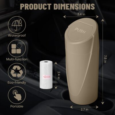 Car Trash Can Bin with Lid - 2 Packs Car Garbage Can Cup Holder - Beige Mini Leakproof Vehicle Garbage Bin with 40pcs Trash Bags-Automobile Organizers and Storage for Front Back Seat Accessories - Image 7