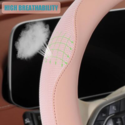 Nappa Leather Pink Steering Wheel Cover, Advanced Microfiber Leather Non-Slip Breathable Fabric, Warm in Winter and Cool in Summer, Universal 15 inch - Image 3