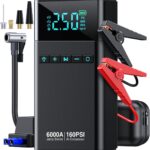 10-in-1 Portable Car Battery Jump Starter with Air Compressor, 6000A 160PSI Portable Car Jumper Starter (All Gas 12L Diesel), 12V Jump Box Car Battery Jump Starter with Jumper Cables, Lights