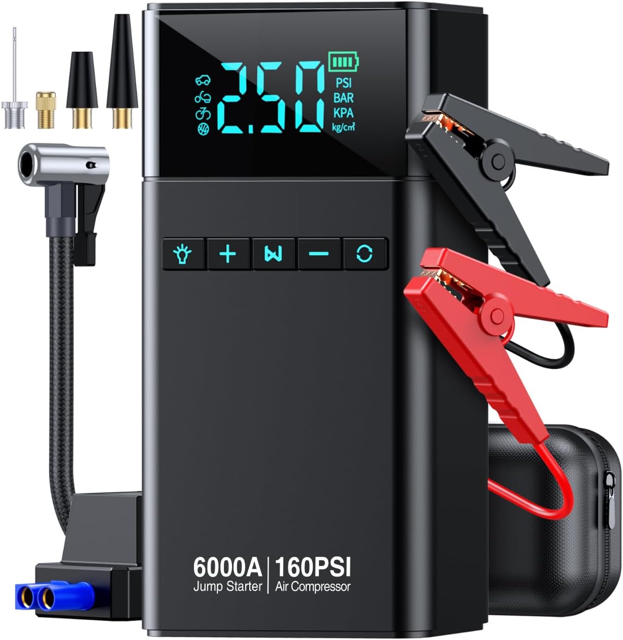 61TBDIqPjvL._AC_SL1280_.jpg 10-in-1 Portable Car Battery Jump Starter with Air Compressor, 6000A 160PSI Portable Car Jumper Starter (All Gas 12L Diesel), 12V Jump Box Car Battery Jump Starter with Jumper Cables, Lights - Image 1