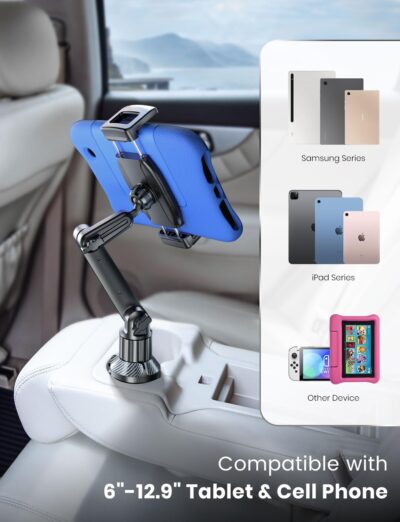 eSamcore Tablet Holder for Car, for iPad Stand Cup Holder Car Mount with 1.57" Depth Large Clamp 15" Height Adjustable Tab Mount Holder for 6"-12.9" Cell Phone iPhone Travel iPad Accessories - Image 5