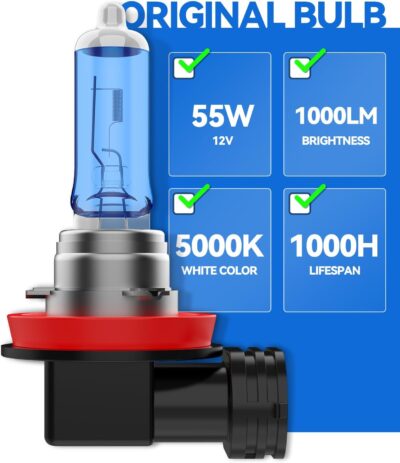 H11 Headlight Bulb H11 Halogen Bulbs No Flashing 12V 55W 5000K Xenon White, 2 Pack - Image 3