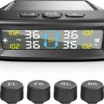 Tire Pressure Monitoring System, Solar Tire Pressure Monitor with 4 External Sensors, Voice Alarm, Real - Time Temperature Pressure Display 0-5 Bar for Car SUV - Dual Charging,
