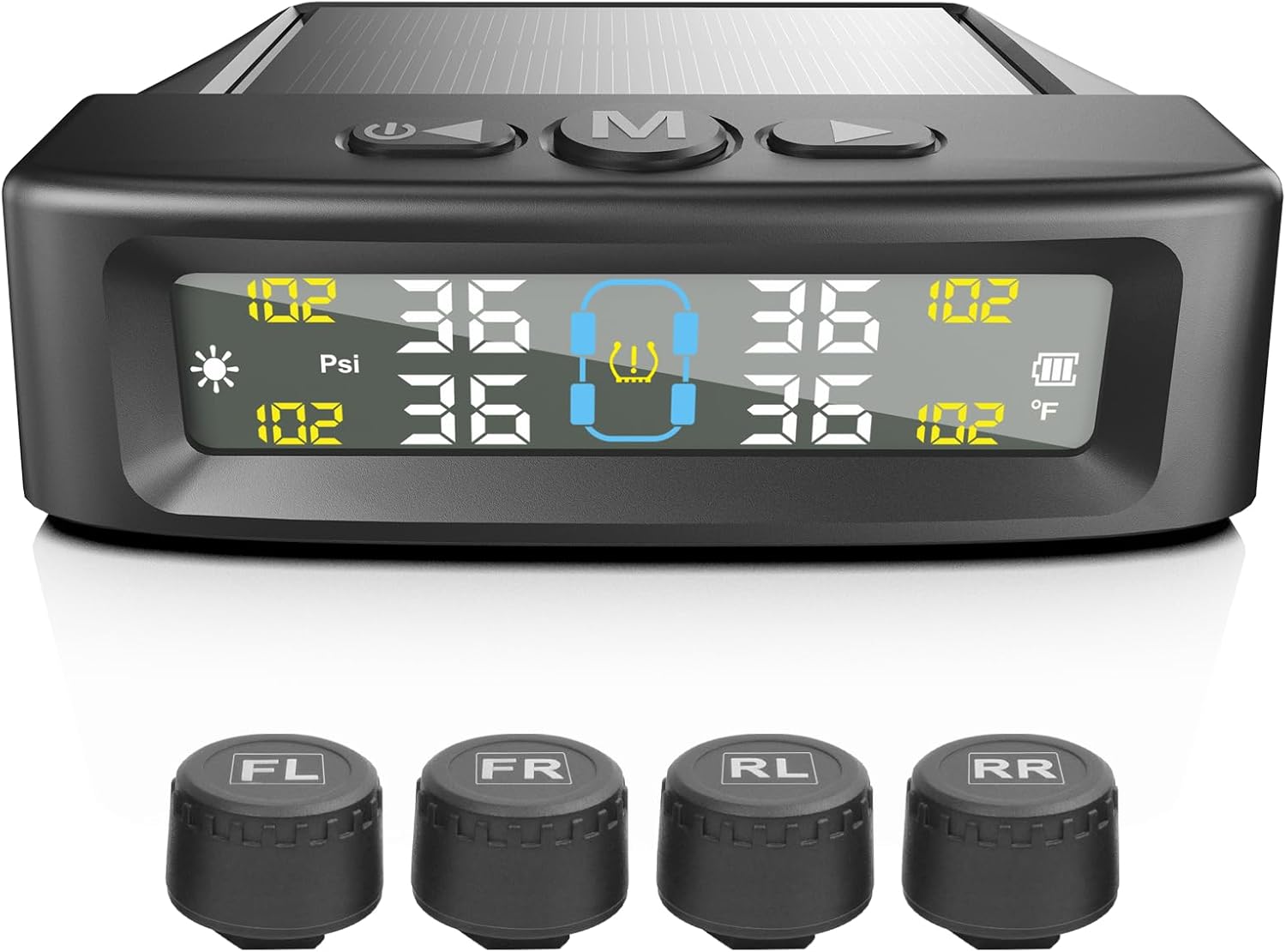 61Tx5eXJwL._AC_SL1500_.jpg Tire Pressure Monitoring System, Solar Tire Pressure Monitor with 4 External Sensors, Voice Alarm, Real - Time Temperature Pressure Display 0-5 Bar for Car SUV - Dual Charging, - Image 1
