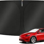 KUST Windshield Sun Shade for 2017-2026 Tesla Model Y/Model 3 Sunshade Accessories (Fit 2025-2026 Model Y Juniper / 2024 Model 3 Highland) Upgraded Foldable Sunshade, Blocks UV Rays Keep Car Cool
