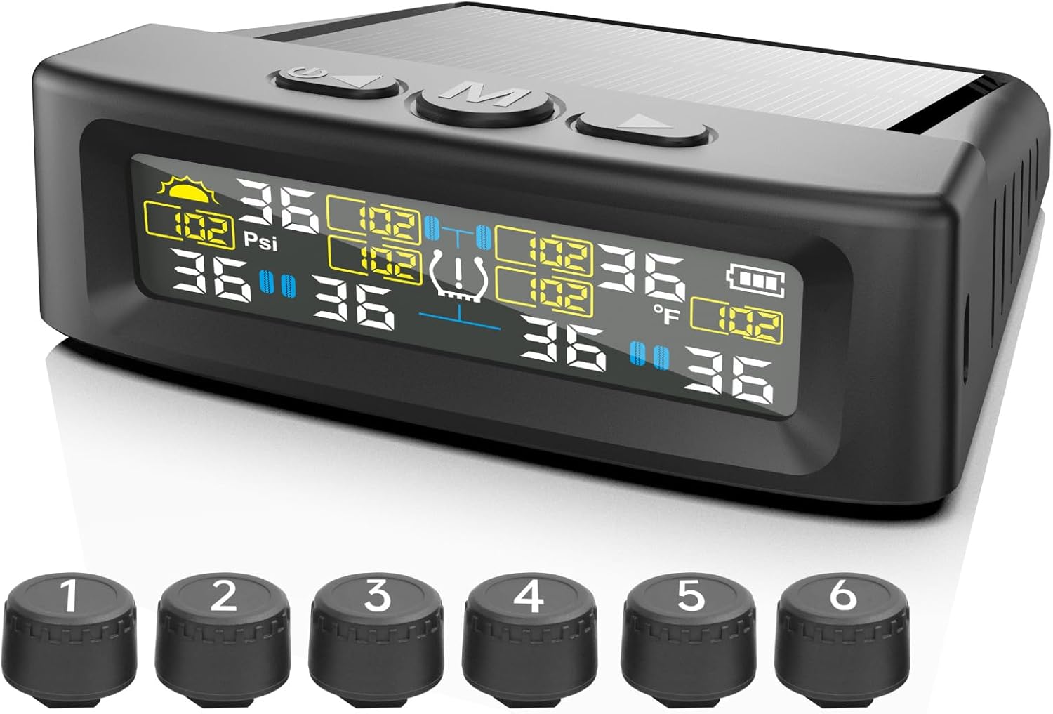 61UEvm1DA7L._AC_SL1500_.jpg RV Tire Pressure Monitoring System, 6-Wheel Real Time Wireless TPMS Sensors Set of 6 for Cars, SUVs & Light Trucks (0-9.9 BAR, 0-144 PSI, Solar/USB Charging)±3 PSI (6 Sensors) - Image 1