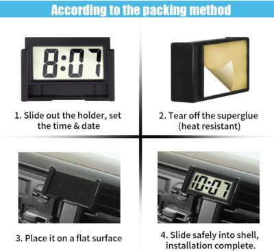 Small Electronic Dashboard Car Time Clock Self-Adhesive Mini Car Electronic Clock, Simple Car Accessories LCD Screen Home Digital Display Clock with Stand for Car, Office (Black) - Image 6