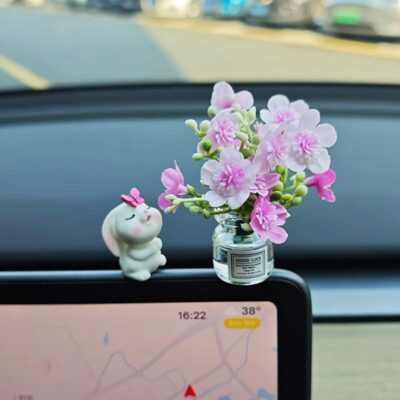Generic Set of 2 Cute Mini Bunny and Peach Blossom in Flower Vase Car Rearview Mirror Ornaments Funny Dashboard Decorations Kawaii Car Interior Accessories for Women Gifts - Image 2