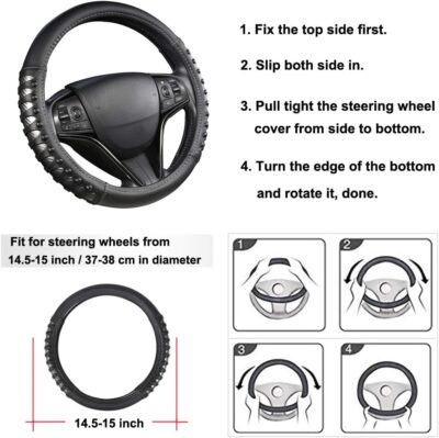 West Llama Microfiber Leather Car Steering Wheel Cover for Men Women,Universal Fit 14.5-15 inch(Leather Nails-Gray+Black-Standard Size) - Image 7