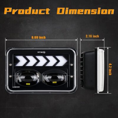 2PCS 4x6 LED Headlights for S10 1995 1996 1997 with High/Low Beam, White DRL Arrow Sequential Amber Turn signals Rectangular DOT 4x6 LED Headlights - Image 3