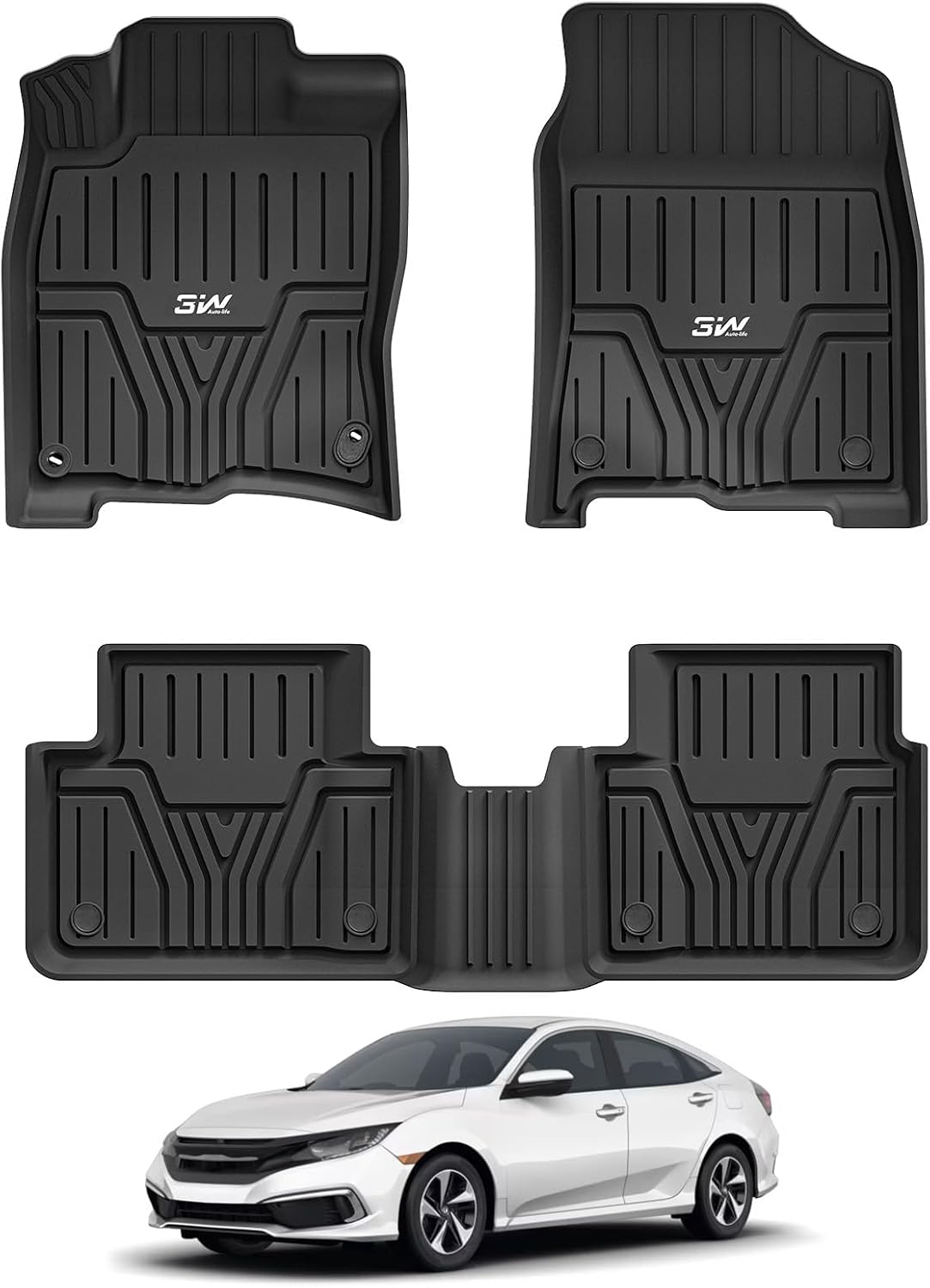 61WD5RhlJEL._AC_SL1500_.jpg 3W Floor Mats Fit for Honda Civic Sedan 2016-2021 & Hatchback 2017-2021 & Coupe 2016-2020, Custom Fit Floor Liner for 1st 2nd Row Full Set TPE All-Weather Car Liners - Image 1