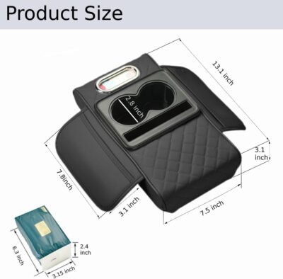 Arm Rest Cover for Car, Microfiber Leather Car Center Console Cover with 2 Storage Bags, 2 Cup Holders and a Tissue Box, Universal Car Console Covers Accessories, Black - Image 2