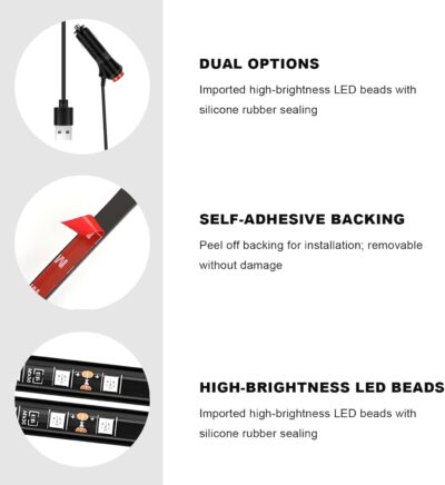Car LED Strip Light, 12V 24 LEDs Neon Ambient Lighting Night Light w/Cigarette Adapter Plug, Under Dash Atmosphere Lights Decorative Lamp (Blue, USB Port) - Image 6