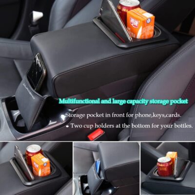 Car Center Console Pad with Front Storage Pocket for Phone,PU Leather Armrest Cushion with Cup Holder,Elbow Rest Pillow,Universal Car Armrest Seat Box Cover Protector for Most Vehicles - Image 2