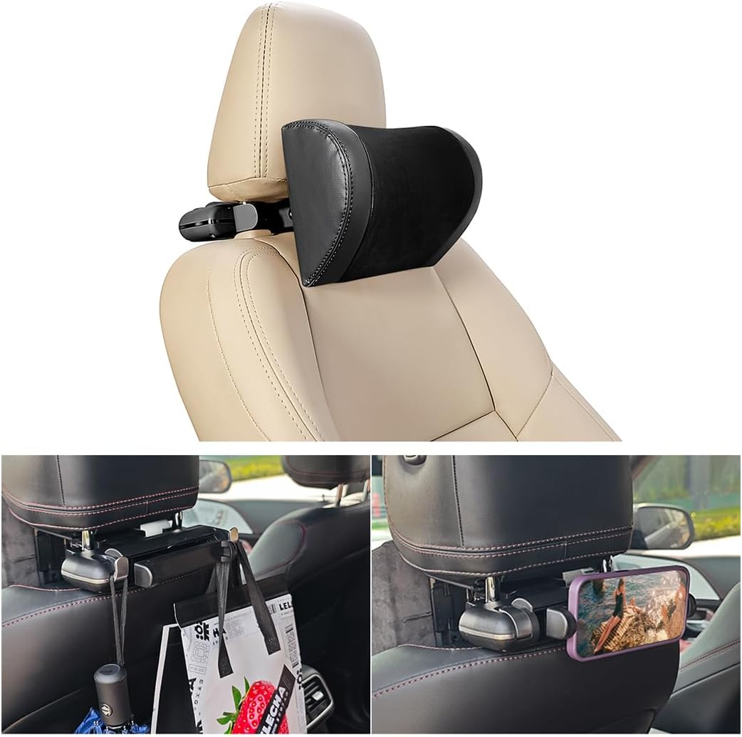 61X0aw5i2eL._AC_SL1500_.jpg Mandark Car Neck Pillow, Memory Foam Vehicles Adjustable Support Headrest Pillow with Hook & Tablet Phone Holder Mount, Multifunctional Auto Interior Accessories, Universal for SUV RV Truck (Black) - Image 1