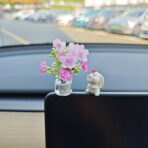 Generic Set of 2 Cute Mini Bunny and Peach Blossom in Flower Vase Car Rearview Mirror Ornaments Funny Dashboard Decorations Kawaii Car Interior Accessories for Women Gifts - Image 3