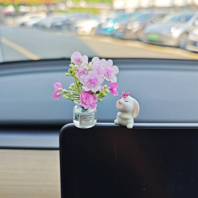 Generic Set of 2 Cute Mini Bunny and Peach Blossom in Flower Vase Car Rearview Mirror Ornaments Funny Dashboard Decorations Kawaii Car Interior Accessories for Women Gifts - Image 3