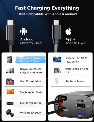 [Upgraded] SUPERONE Retractable Car Charger 4 in 1, Fast Car Phone Charger with Cord 2.6ft, USB C and Apple Car Adapter, Compatible with iPhone 17 16 15/15 Pro Max/14/13/12/11, Galaxy, Pixel - Image 6