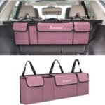 Hanemia Car Trunk Organizer, Backseat Hanging Storage with 4 Large Pockets, Collapsible Cargo Bag with Adjustable Straps Frees Trunk Floor, Sturdy Space Saving Expert for SUV, Truck, Van (Pink)