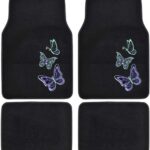 BDK Embossed Neon Purple & Green Butterflies Design Carpet Car Floor Mats for Auto Van Truck SUV-4 Pieces Front & Rear Full Set with Rubber Backing-Universal Fit