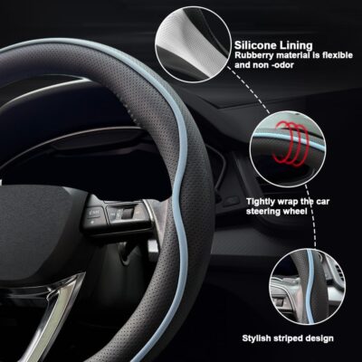 Leather Steering Wheel Cover， with Anti-Slip Stripe Design - Enhanced Grip, Fashion Style, Safe, Non-Slip, Breathable. Upgrade car Interior，Black Blue - Image 4