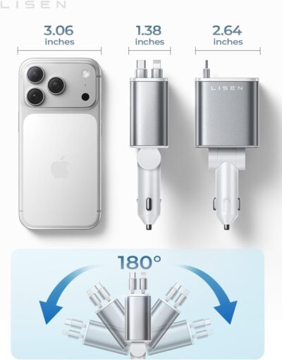 LISEN White Retractable Car Charger, for Gifts for Him Her, for iPhone 17, Cute 4 in 1 Retractable USB C Car Charger for Women, 75W Fast Charging Car Accessories for iPhone & Samsung S26 & Android - Image 5