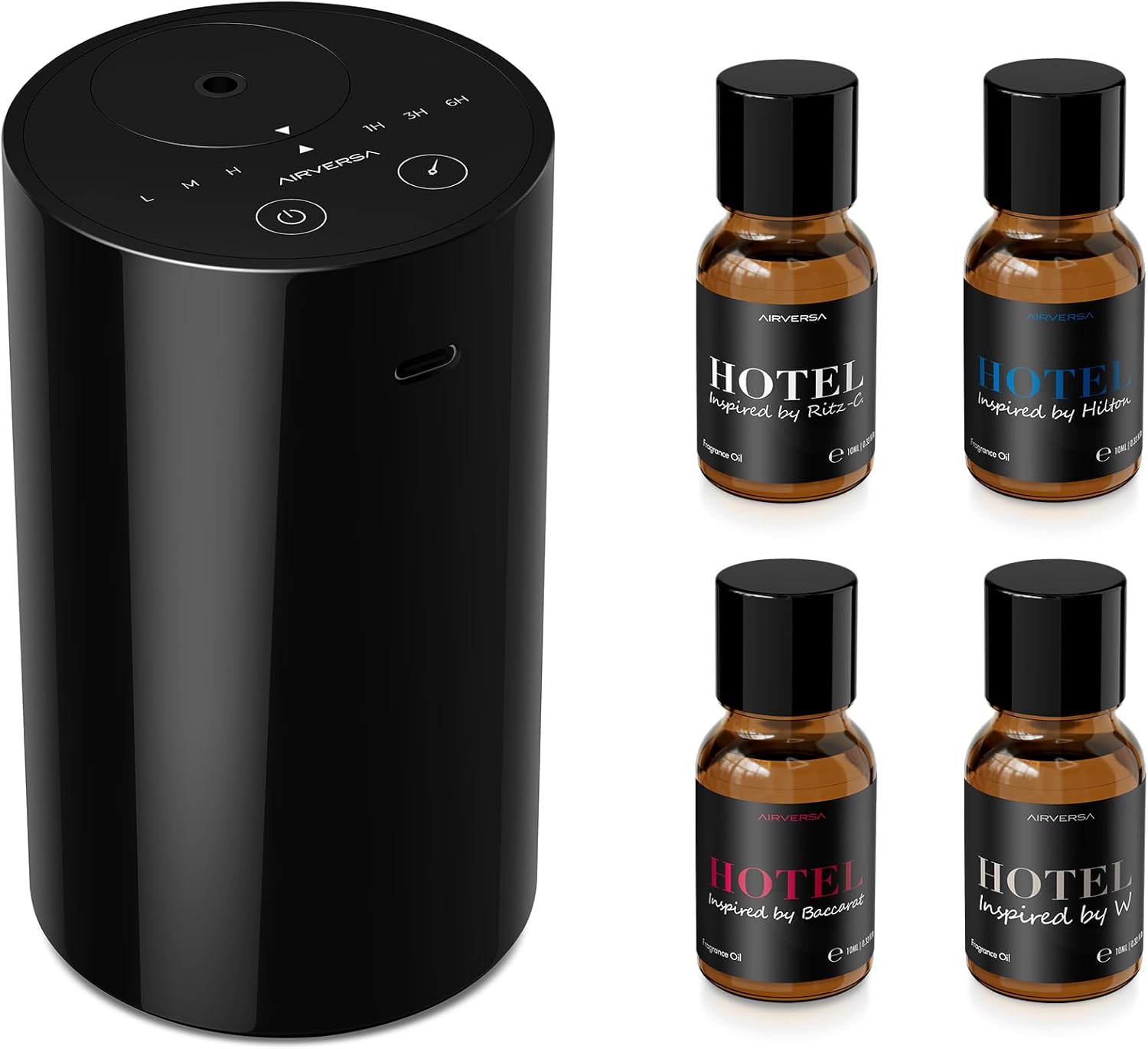 61ZnX7W6ZyL._AC_SL1500_.jpg Airversa Waterless Essential Oil Diffuser Starter Kit with 4 x 10mL Hotel Scent Fragrance Oil, Battery Operated Mini Scent Air Machine Portable Diffuser for Home Car Office, AN8 Kit Black - Image 1