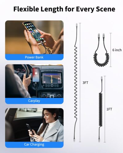 Coiled USB A to USB C Cable for Car, 2 Pack Type C Charger Fast Charging Cable 3FT, USB to USBC Cable for Carplay, Android Auto, iPhone 17 16 15 Pro Max, Samsung Galaxy S25 S24 S23 Ultra - Image 6