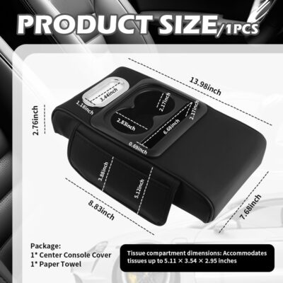 4 in 1 Center Console Cover,Multifunctional Car Armrest Storage Box with Cup Holder& Phone Holder& Car Tissue Holder,7.68 * 13.98" Arm Rest Cover for Cars with 2 Side Pockets - Image 2