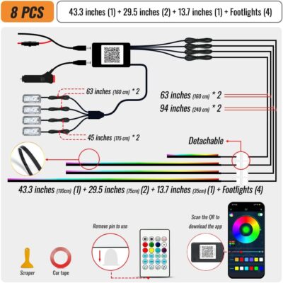 Ambient Lighting Car Led Lights Interior Kit,4 in 1 Acrylic Led Lights for Car Interior Decorations,DIY Fiber Optic Music Sync RGB Neon Strip Ambiance Footwell Lighting with Wireless APP - Image 5